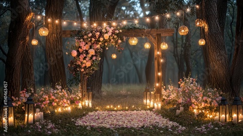 Wallpaper Mural A magical forest wedding ceremony at twilight, with a rustic wooden arch adorned with flowers and lanterns. String lights drape across the trees, creating an intimate and enchanting atmosphere.  Torontodigital.ca