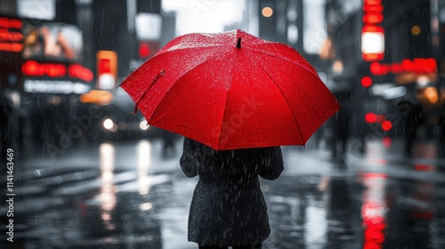 Wallpaper Mural bright red umbrella held by a person standing alone in the middle of a busy city street. The scene is shot during heavy rainfall, with the cityscape rendered in monochrome black, Torontodigital.ca