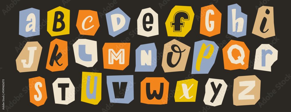 Cut out paper alphabet collection. Fade color different letter collage set. Cute craft doodle font element bundle for decoration, poster, banner, print. Playful ransom blackmail style abc pack. Vector Cut out paper alphabet collection. Fade color different letter collage set. Cute craft doodle font element bundle for decoration, poster, banner, print. Playful ransom blackmail style abc pack. Vector