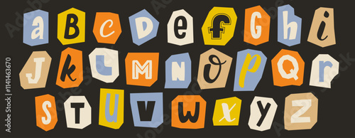 Cut out paper alphabet collection. Fade color different letter collage set. Cute craft doodle font element bundle for decoration, poster, banner, print. Playful ransom blackmail style abc pack. Vector