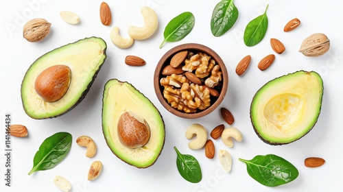 Healthy Fats, Avocado and nuts, clean white background