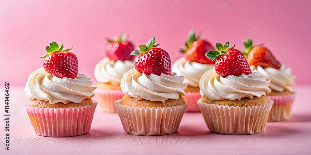 Delicious cupcakes with strawberries and cream on a pink background, cupcakes, strawberries, cream, dessert, sweets Delicious cupcakes with strawberries and cream on a pink background, cupcakes, strawberries, cream, dessert, sweets