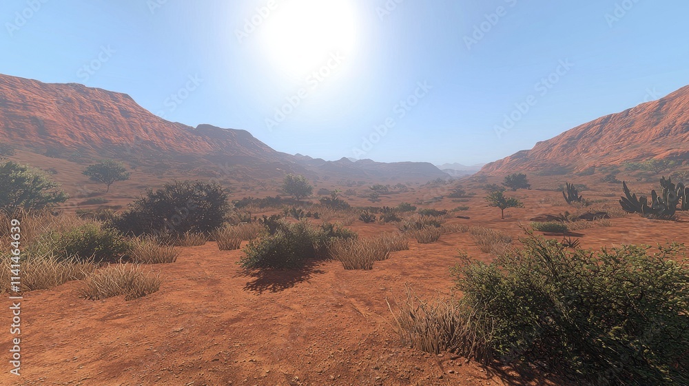 A remote desert plateau under a blazing midday sun, where red rock mesas rise dramatically from barren plains. Sparse shrubs and cacti accent the scene, while the intense clarity of light and A remote desert plateau under a blazing midday sun, where red rock mesas rise dramatically from barren plains. Sparse shrubs and cacti accent the scene, while the intense clarity of light and