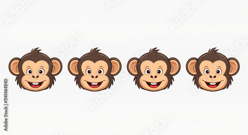 Cute Cartoon Monkey Faces Illustration for Children's Projects and Educational Materials, Featuring Four Happy Monkey Expressions.