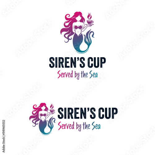 Mermaid barista serves coffee by the beach logo design. Ideal for cafe posters, beverage promotions, coastal themed designs or coffee shop branding. EPS Layered Vector File