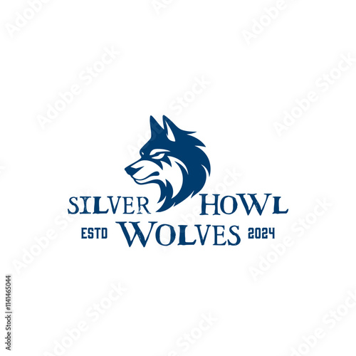 Blue wolf head design with Silver Howl Wolves logo design, suitable for wolf themed brands, apparel, merchandise, and wildlife organizations. EPS Layered Vector File photo