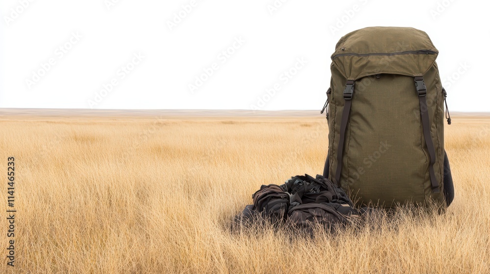 A sturdy green backpack rests on dry grassland, symbolizing adventure and exploration in nature's vast landscape. A sturdy green backpack rests on dry grassland, symbolizing adventure and exploration in nature's vast landscape.