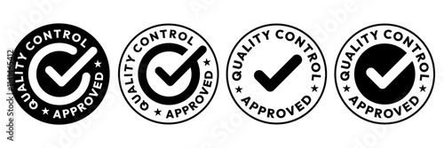 Quality control, tested, approved logo, badge, sticker, symbol, icon, stamp, banner, circle, black, line, flat vector, isolated illustration. Quality approved control label product packaging design.