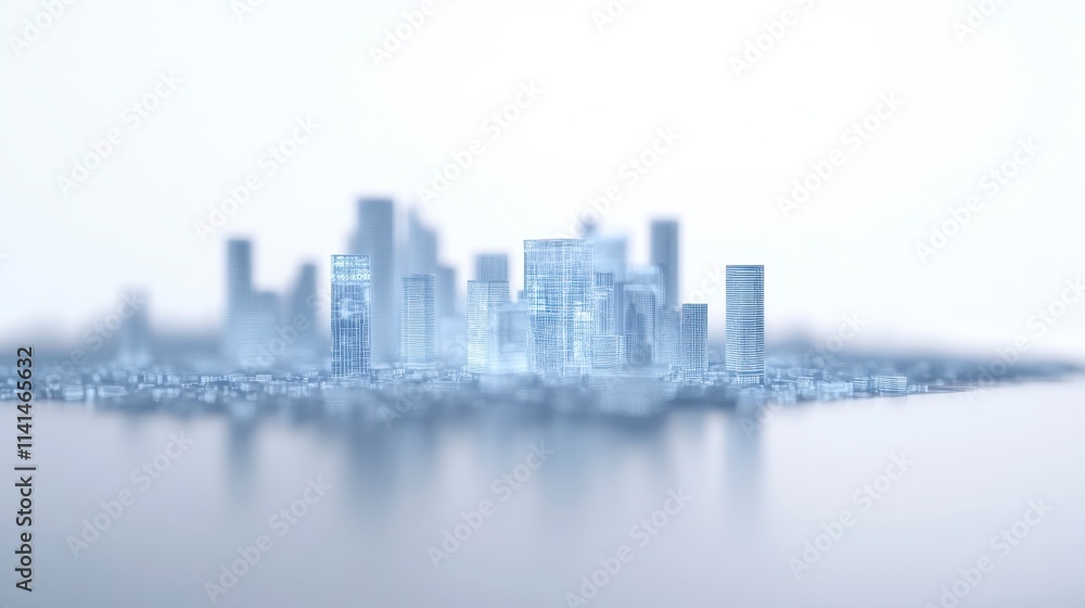 Fototapeta premium A blurred city skyline reflects softly on water, creating a serene, ethereal atmosphere, emphasizing modern architecture and urban life.
