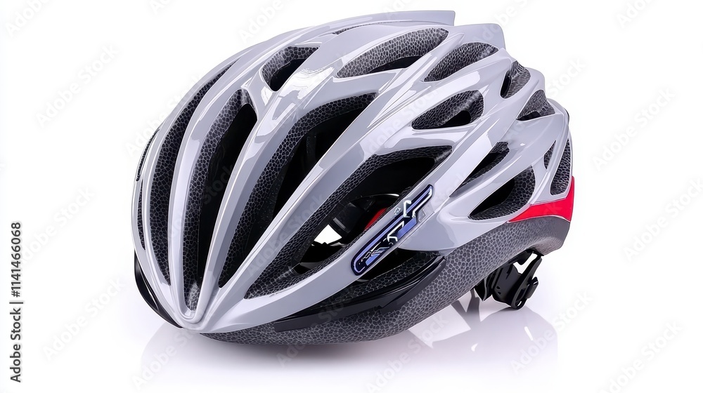 A sleek, modern cycling helmet designed for optimal safety and aerodynamics, featuring a stylish silver and black color scheme. A sleek, modern cycling helmet designed for optimal safety and aerodynamics, featuring a stylish silver and black color scheme.