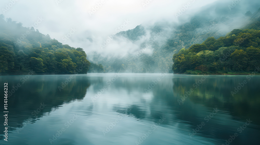 Misty lake surrounded by lush green mountains creates serene atmosphere Misty lake surrounded by lush green mountains creates serene atmosphere