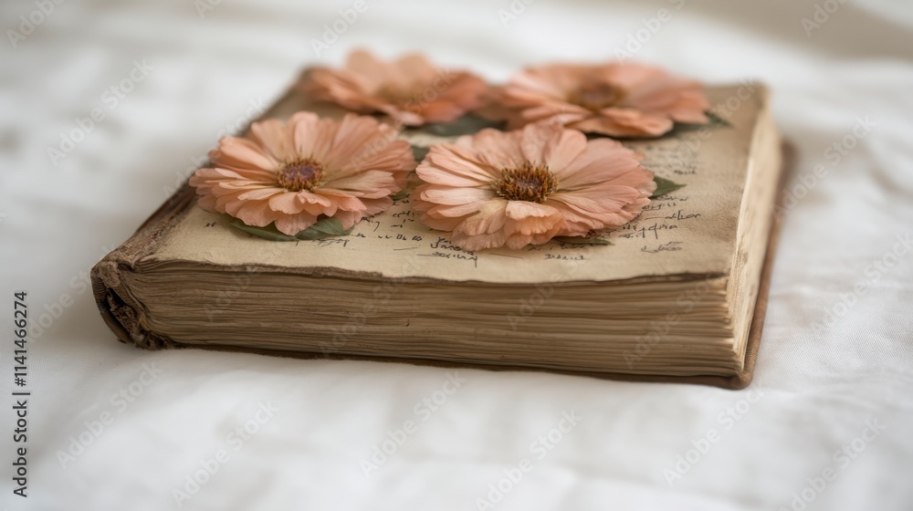 Fototapeta premium A vintage book adorned with delicate pink flowers, resting on a soft, neutral background.