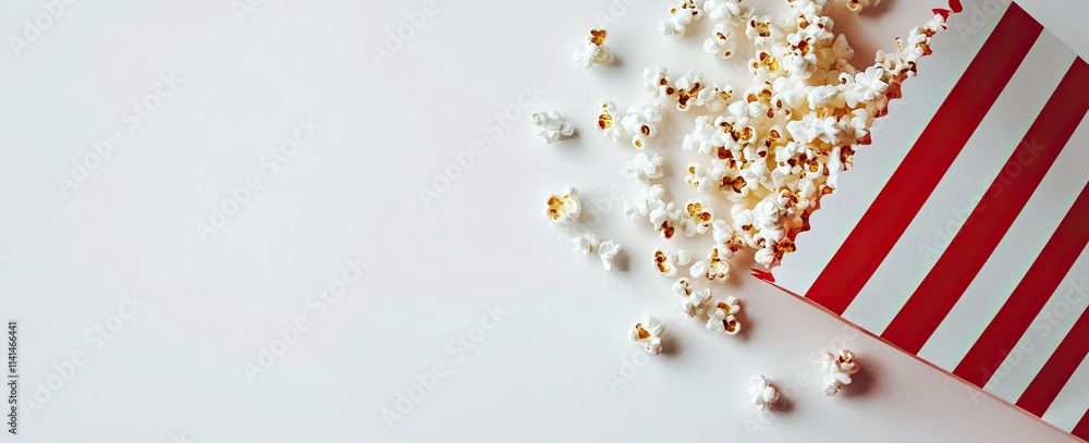 Fototapeta premium Close-up of a red and white striped paper bag with popcorn spilling out, isolated on a clear white background