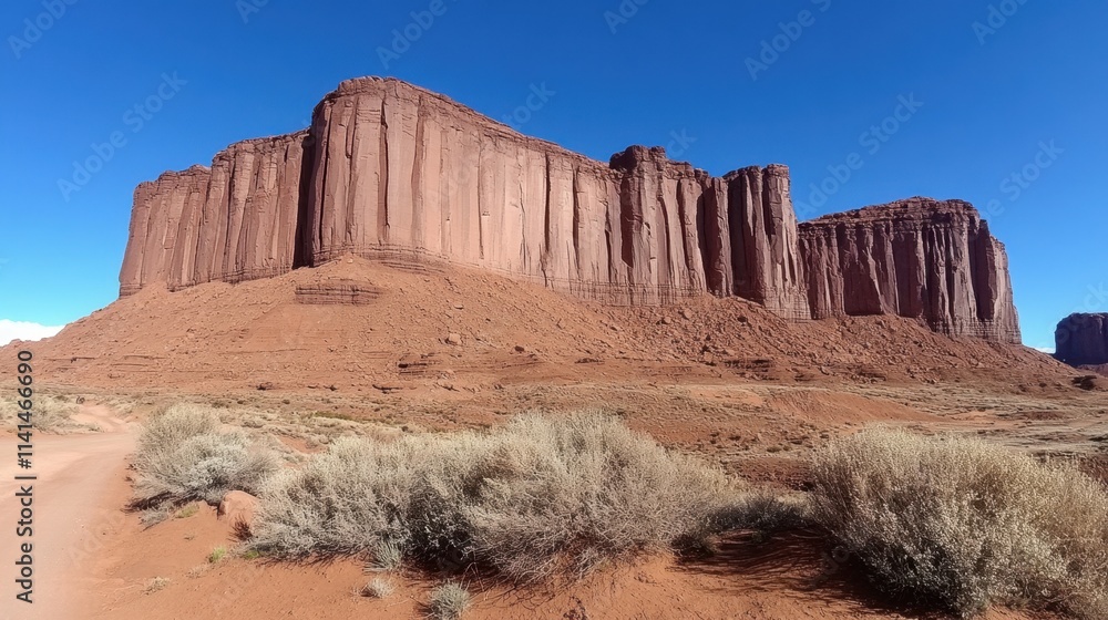 Majestic Red Rock Formation Under Bright Blue Sky in Desert Landscape
