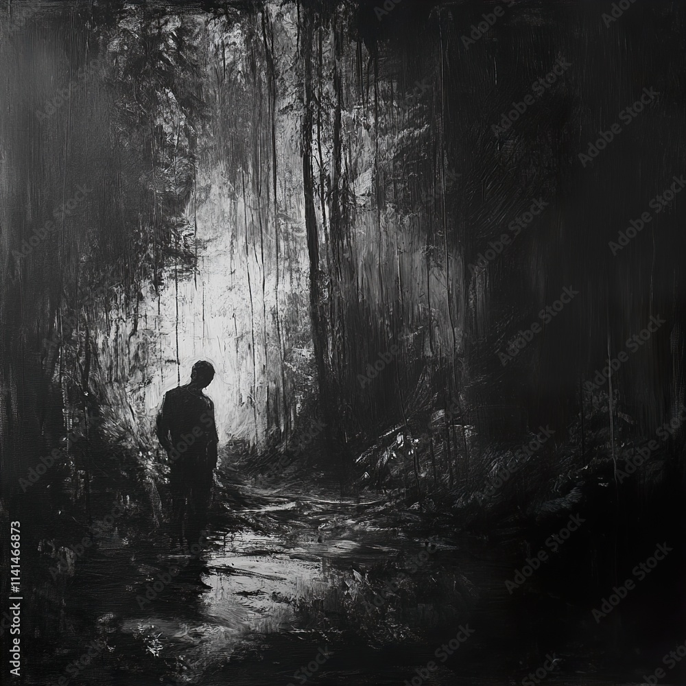 Obraz premium Solitude in the Dark Forest: A Monochromatic Landscape