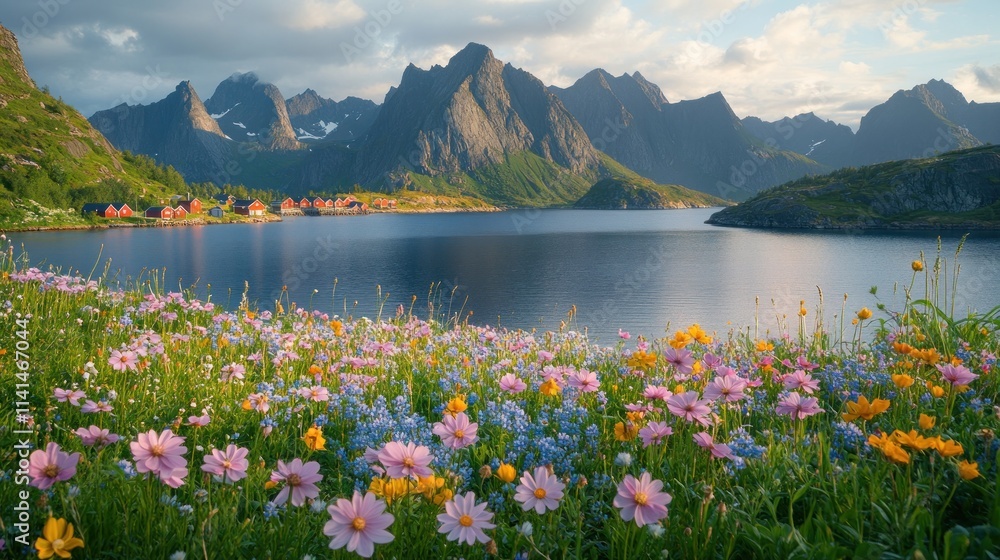 Scenic view of mountains and flowers by tranquil lake Scenic view of mountains and flowers by tranquil lake
