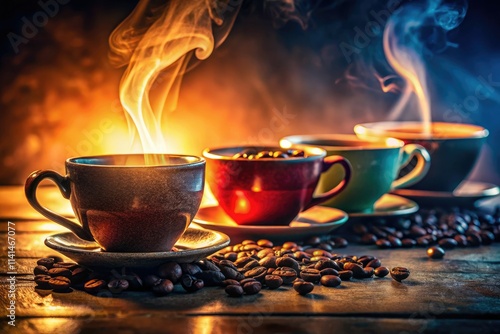 Nighttime coffee shop charm: low-light photography captures warm drinks and steam.