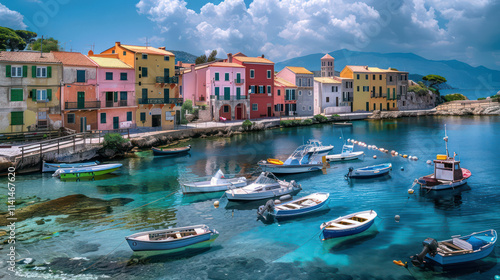 A picturesque harbor scene with colorful buildings and boats photo