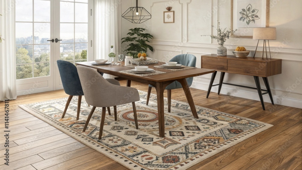 A patterned area rug lies beneath the table pulling together the various elements of the room while softening the wooden floor creating a perfect spot for shared meals and A patterned area rug lies beneath the table pulling together the various elements of the room while softening the wooden floor creating a perfect spot for shared meals and
