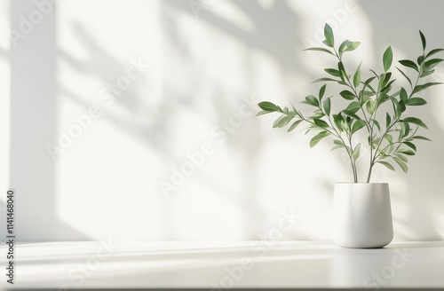 Minimalist plant in white pot on white surface with sunlight shadows.