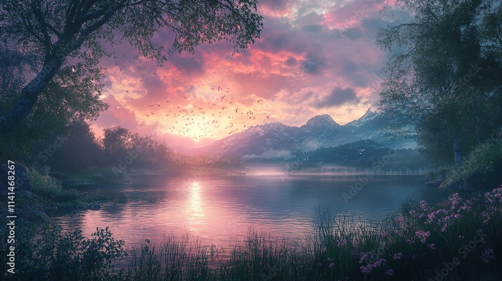 Obraz premium Majestic Sunset Landscape: Serene Lake and Mountains