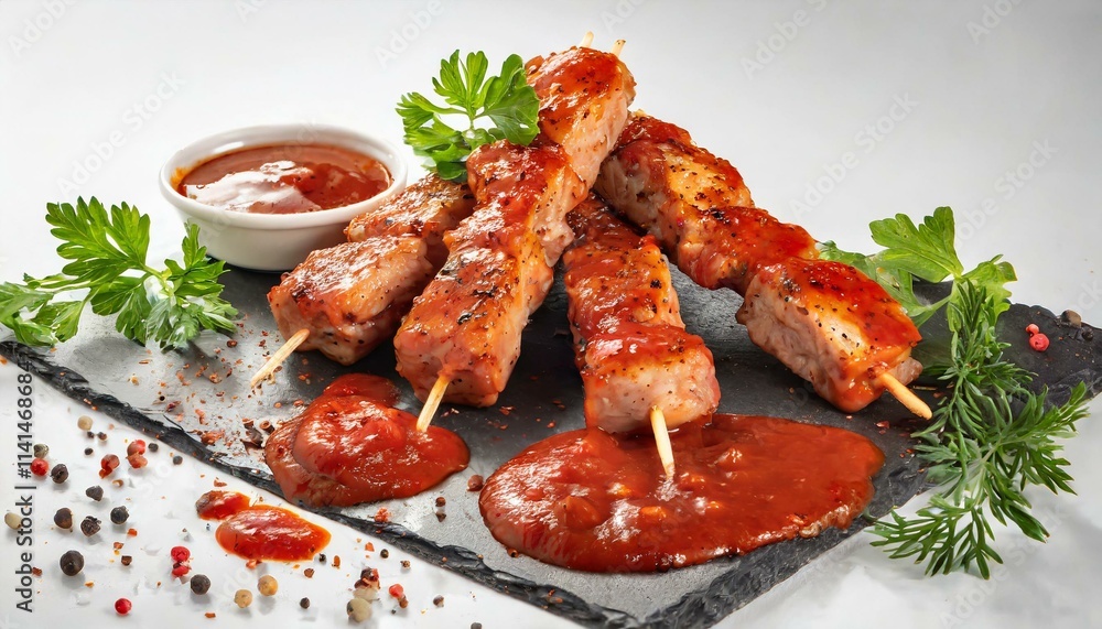 Set of delicious barbecue meat pieces splashing in tomato ketchup Set of delicious barbecue meat pieces splashing in tomato ketchup