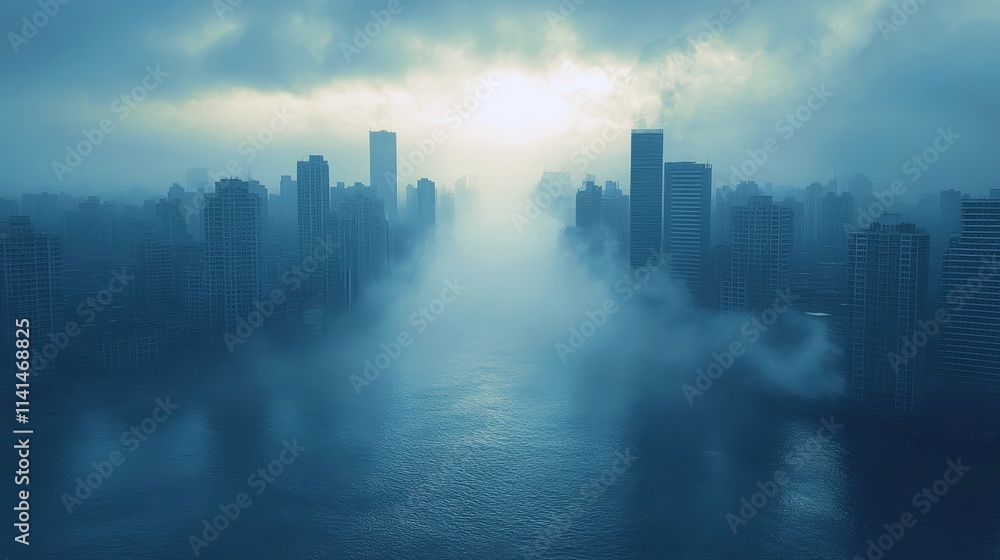 Gray shadows loom over the smog-filled skyline revealing a quiet city shrouded in pollution at dawn Gray shadows loom over the smog-filled skyline revealing a quiet city shrouded in pollution at dawn