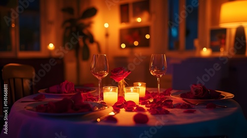 A cozy, intimate dinner table set for two, with candles, red rose petals, and soft pink lighting, creating a romantic Valentine is atmosphere photo