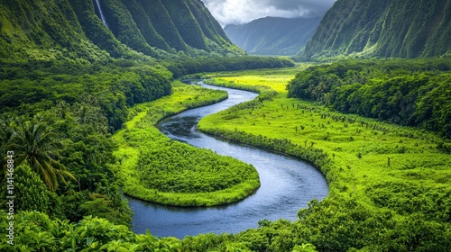 A winding river through a lush tropical valley, where dense rainforests line the banks and distant waterfalls glimmer in the sunlight. Vibrant green foliage, chirping birds, and the gentle flow  photo