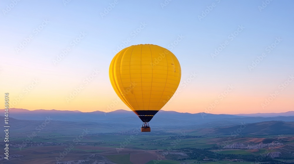 A vibrant yellow hot air balloon floating over a scenic landscape.