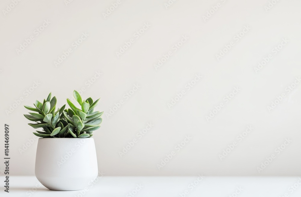 Small jade plant in a white pot on a white surface against a white wall. Small jade plant in a white pot on a white surface against a white wall.