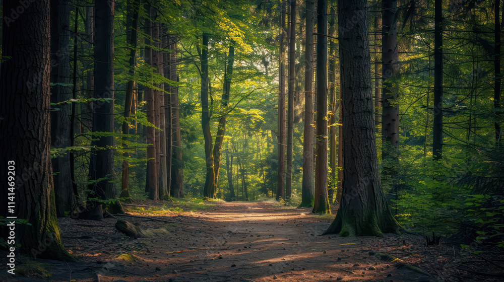 Obraz premium A serene forest path surrounded by tall trees and lush greenery