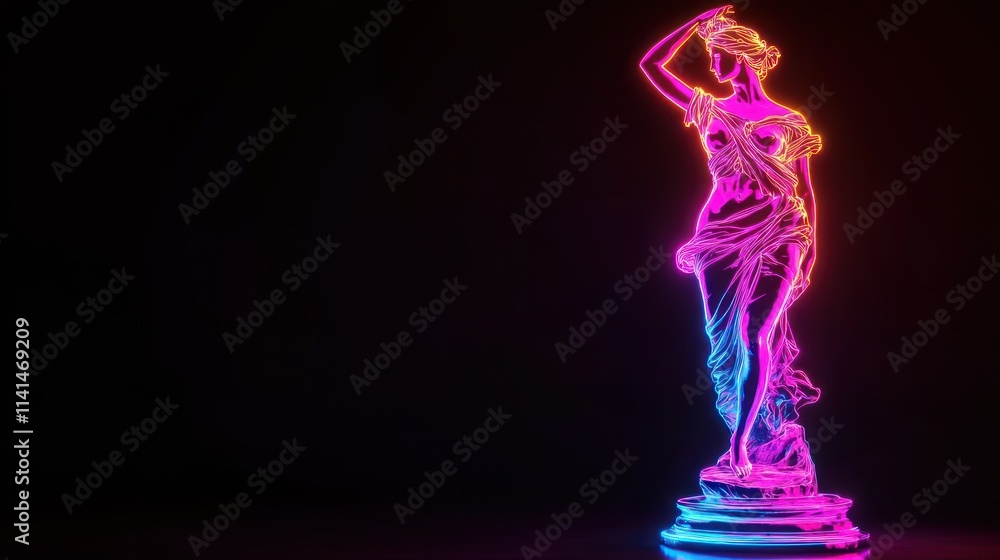 A neon-lit statue resembling a classical figure, showcasing vibrant colors against a dark background. A neon-lit statue resembling a classical figure, showcasing vibrant colors against a dark background.