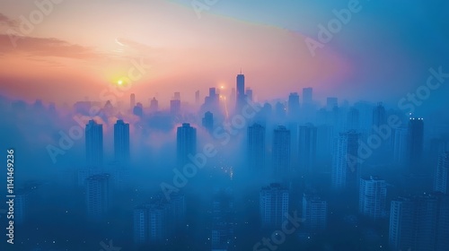 Amidst the haze, a city awakens under the glow of dawn, battling smog and air pollution