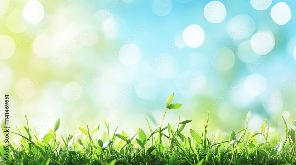 Fototapeta premium World environment day celebration with green grass and blue sky bokeh background