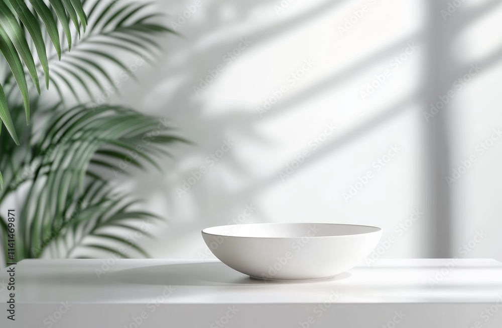 White bowl on table with palm leaves and sunlight. White bowl on table with palm leaves and sunlight.
