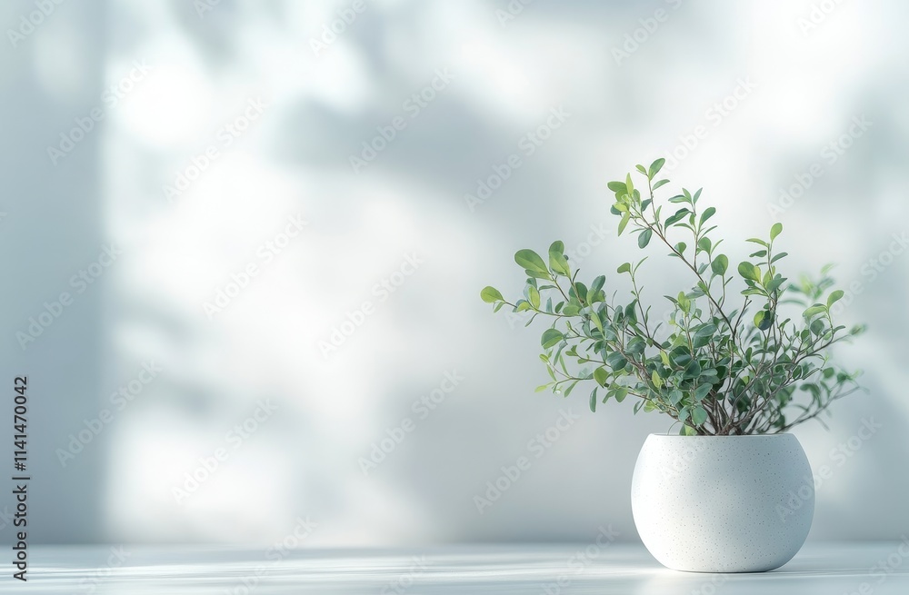 Fototapeta premium Small potted plant with sunlight shadows on a white background.