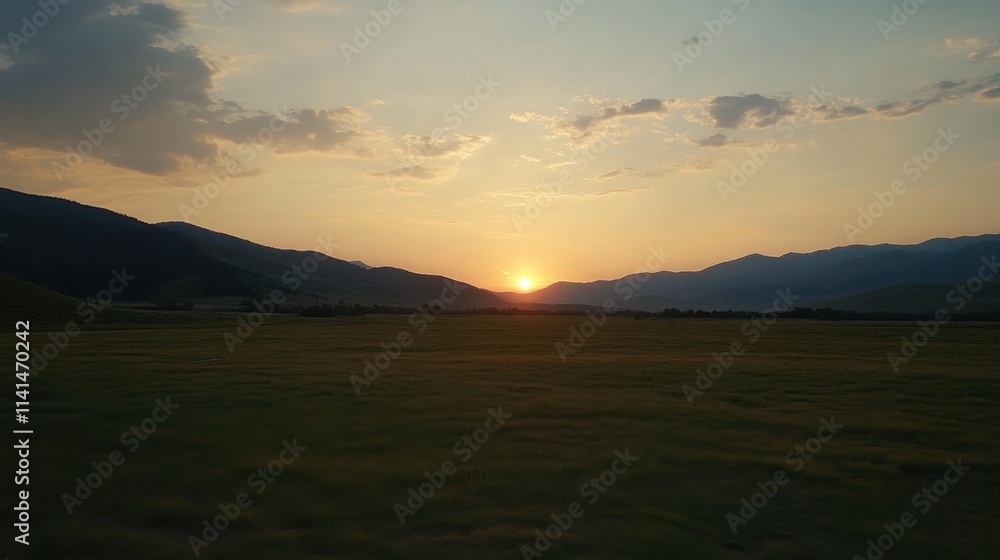 Fototapeta premium Serene Sunset Over Rolling Hills and Fields in Tranquil Landscape Scene