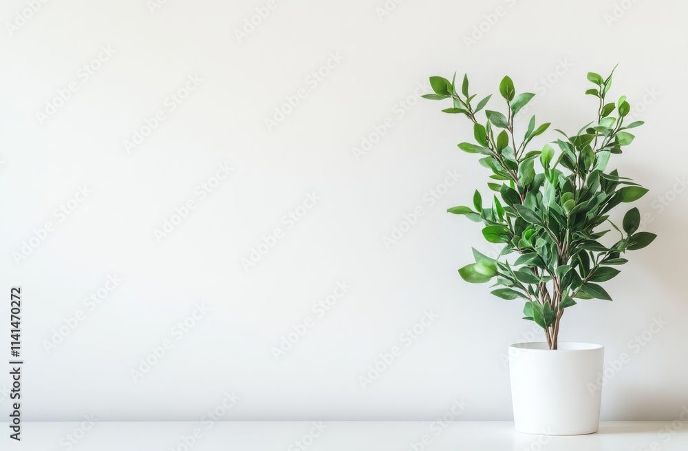 Small green plant in a white pot against a white wall. Small green plant in a white pot against a white wall.