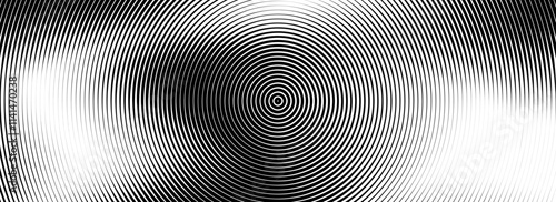 Black concentric circle texture. Radial geometric pattern background. Linear epicenter, target, radar concept. Round ripple halftone ring wallpaper for brochure, template, poster, overlay. Vector