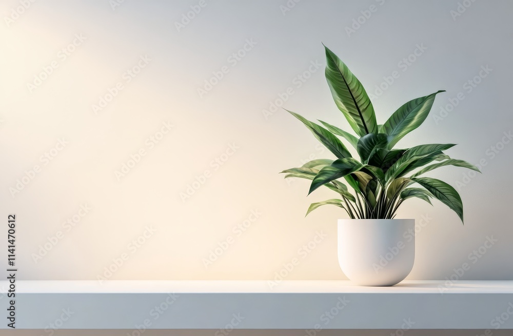 Minimalist plant in white pot on shelf against white wall. Minimalist plant in white pot on shelf against white wall.