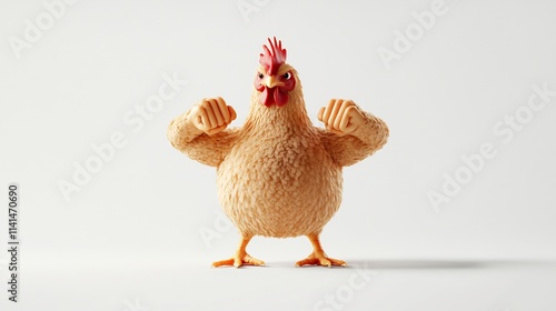 Fierce Chicken Flexing Powerful Arms in Defiant Fighting Pose - of a poultry bird with muscular limbs,symbolizing physical strength and aggressive energy. photo