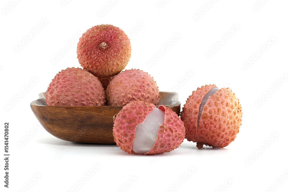 Fresh Lychee Fruits in a Wooden Bowl on a White Background Fresh Lychee Fruits in a Wooden Bowl on a White Background