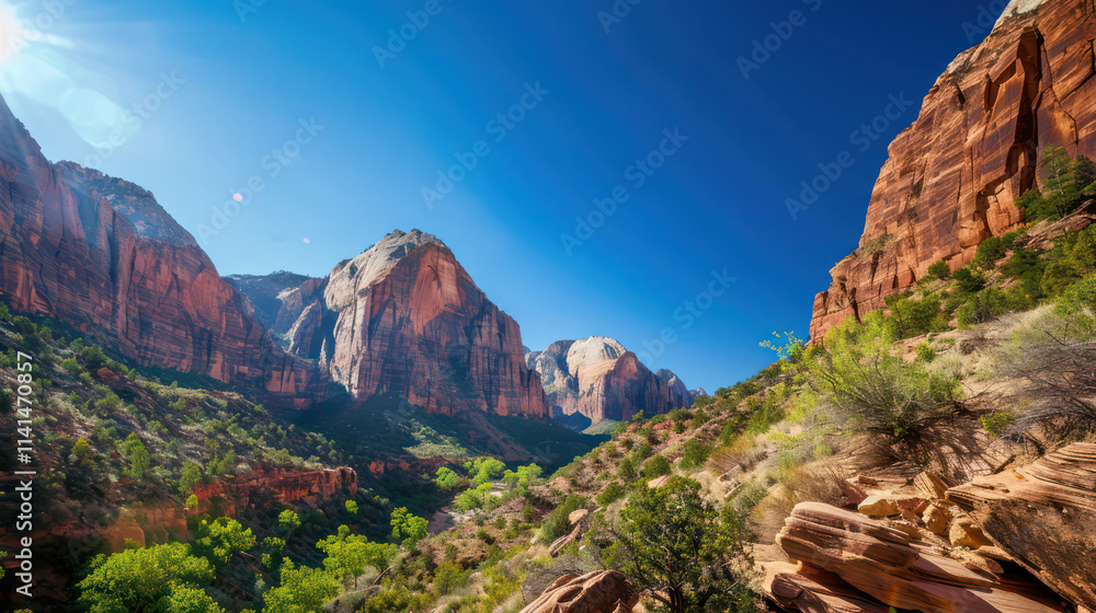 Naklejka premium Breathtaking Zion National Park landscape with towering cliffs and vibrant greenery