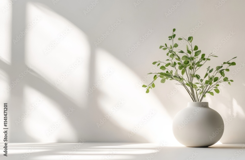 Minimalist plant in white vase against a bright wall. Minimalist plant in white vase against a bright wall.