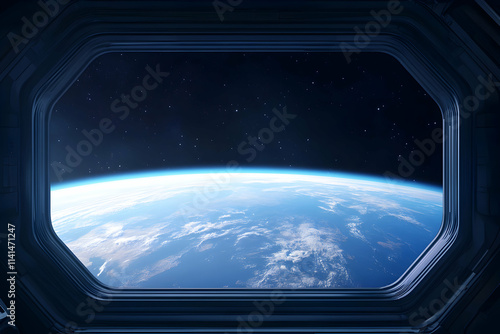 View of Earth from a futuristic spacecraft window, showcasing planet's beauty and vastness.