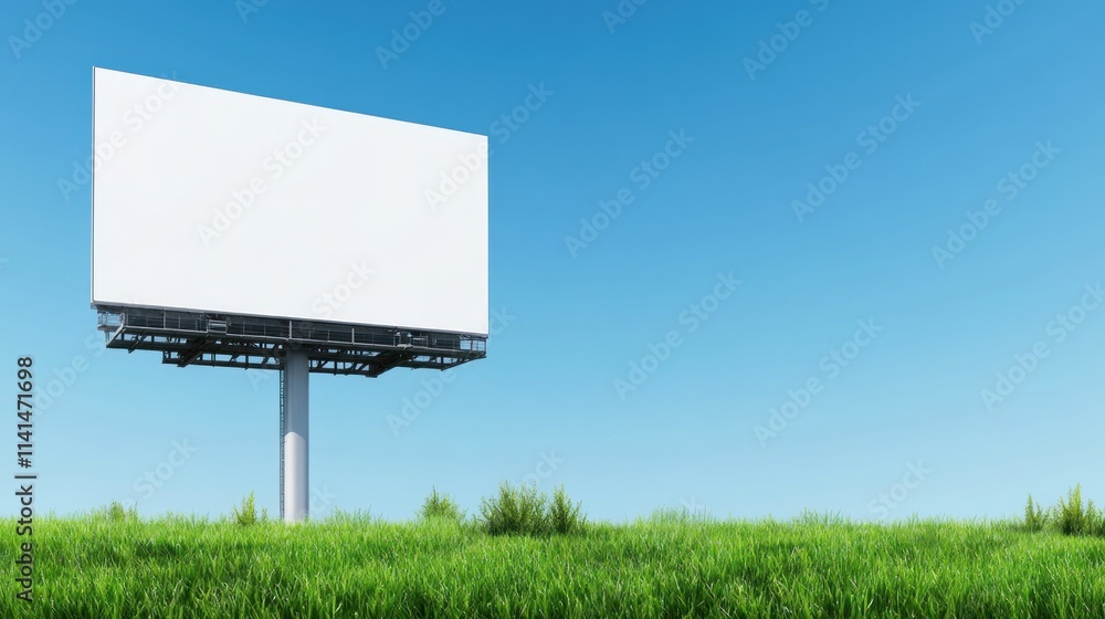 A blank billboard stands in a grassy field under a clear blue sky. A blank billboard stands in a grassy field under a clear blue sky.