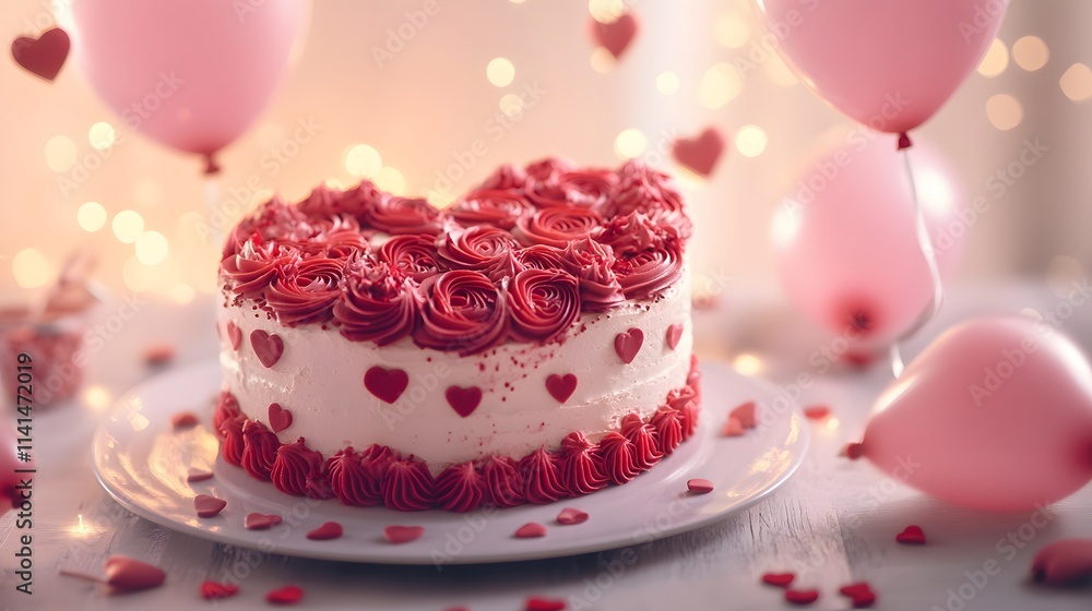 A heart-shaped cake decorated with red icing and roses, placed on a table with soft pink lighting and heart-shaped balloons floating in the air A heart-shaped cake decorated with red icing and roses, placed on a table with soft pink lighting and heart-shaped balloons floating in the air