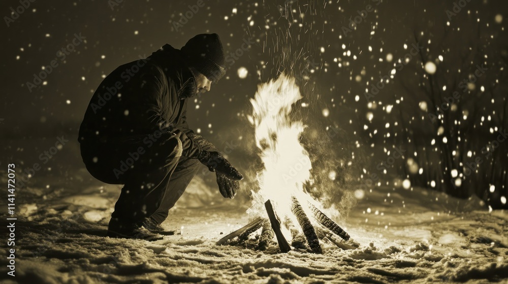 Obraz premium A person warms themselves by a campfire in the snow during a snowy evening.