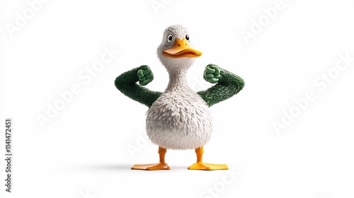 Muscular Duck Character Flexing Both Arms in a Powerful Fighting Pose,Symbolizing Physical Strength,Fitness,and Determination. Cute and Humorous Digital 3D